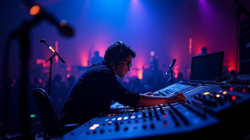 Escenario con equipo de grabación de audio durante un evento en vivo, capturando la música.